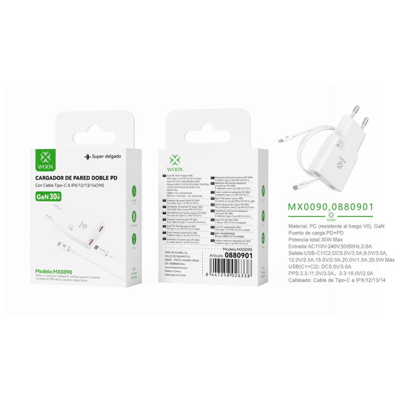 Cargador de pared UE PD+PD GaN de 30 W con cable C-Lightning (blanco) - MX0090 BL