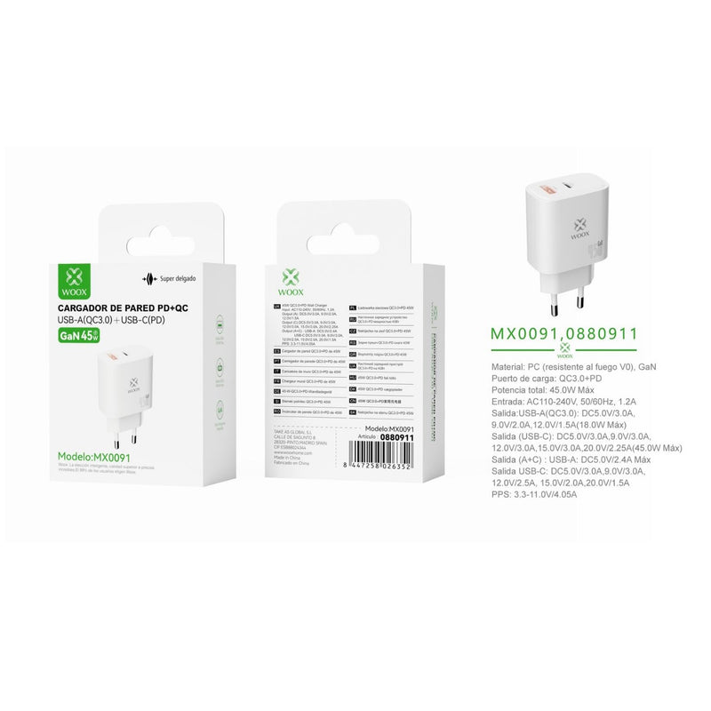 Cargador de pared UE QC+PD GaN 45 W sin cable blanco - MX0091 BL