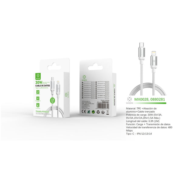 Cable de datos Tipo-C a Lightning 30W 1m - blanco - MX0028 BL