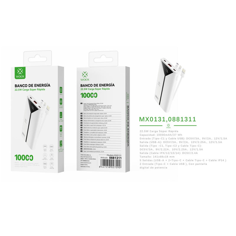 Banco de energia 10000 mAh 22,5 W con 3 cables ABS+PC-blanco - MX0131 BL