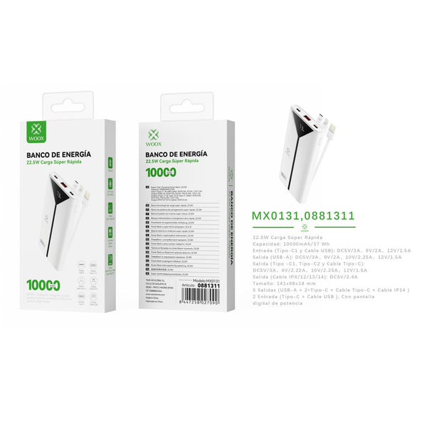 Banco de energia 10000 mAh 22,5 W con 3 cables ABS+PC-blanco - MX0131 BL