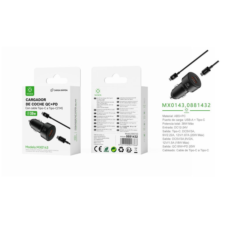 Cargador de coche PD+QC QC18W+PD20W con cable C-C (negro) - MX0143 NE