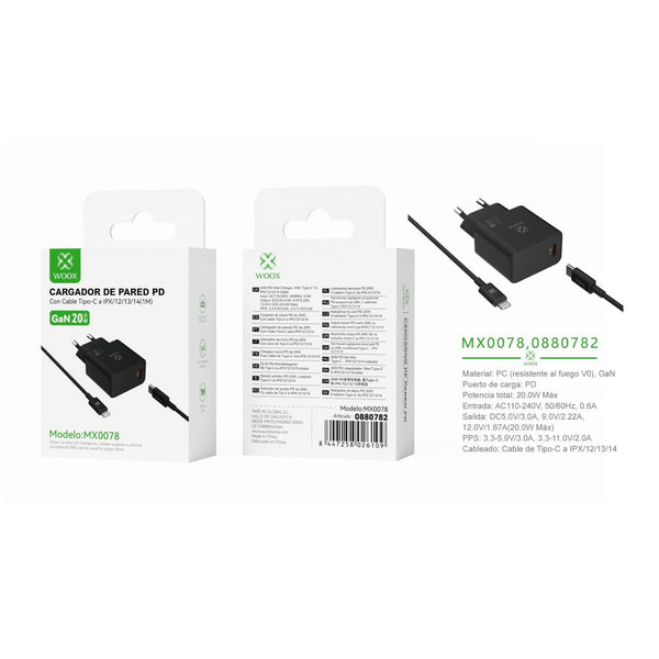 Cargador de pared GaN PD ¨2nico UE de 20 W con cable C-Lightning (negro) - MX0078 NE