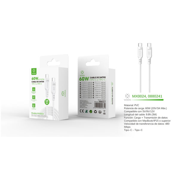 Cable de datos Tipo-C a Tipo-C 60W 3m - blanco - MX0024 BL