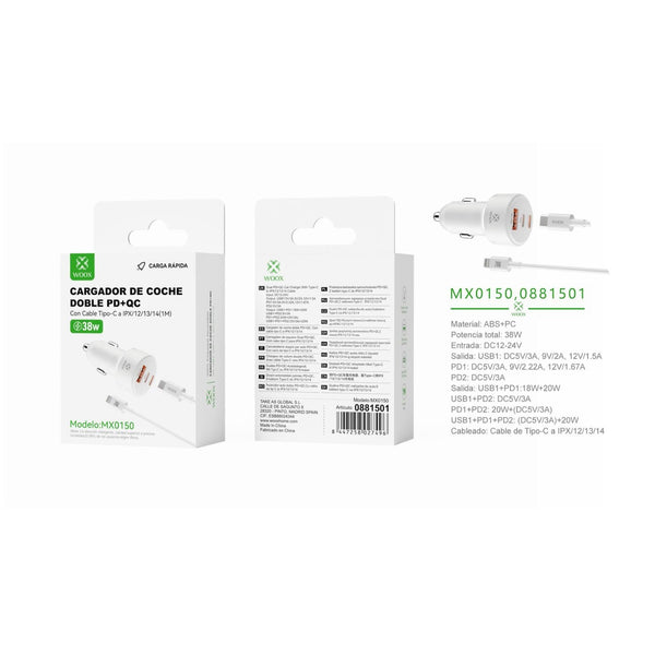 Cargador de coche PD*2+QC de 38W con cable C- Lightning (blanco) - MX0150 BL