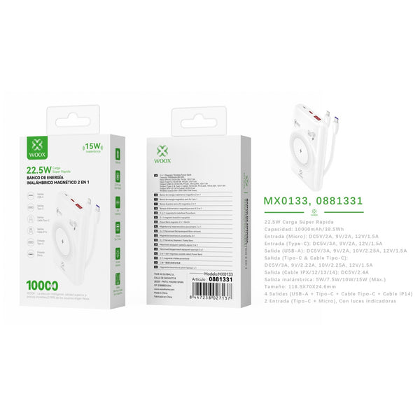 Banco de energia 2 en 1 y carga inalambrica 10000 mAh 22,5 W, carga inalambrica 15 W blanco - MX0133 BL