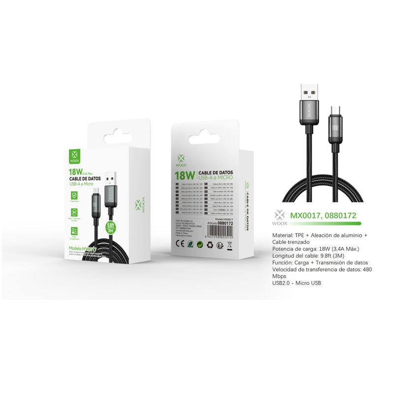 Cable de datos USB a Micro 18W 3m-negro - MX0017 NE