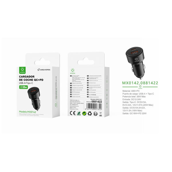 Cargador de coche PD+QC QC18W+PD20W sin cable - negro - MX0142 NE