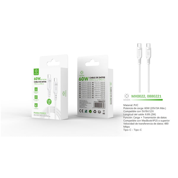 Cable de datos Tipo-C a Tipo-C 60W 2m - blanco - MX0022 BL
