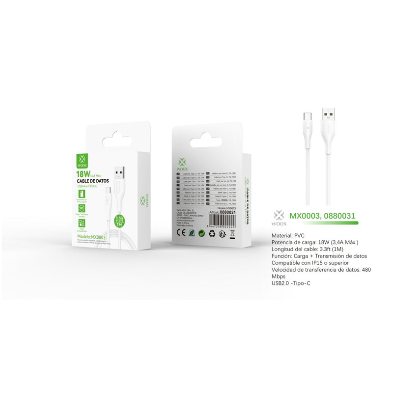 Cabo de dados USB para tipo C 18 W 1 m branco - MX0003 BL