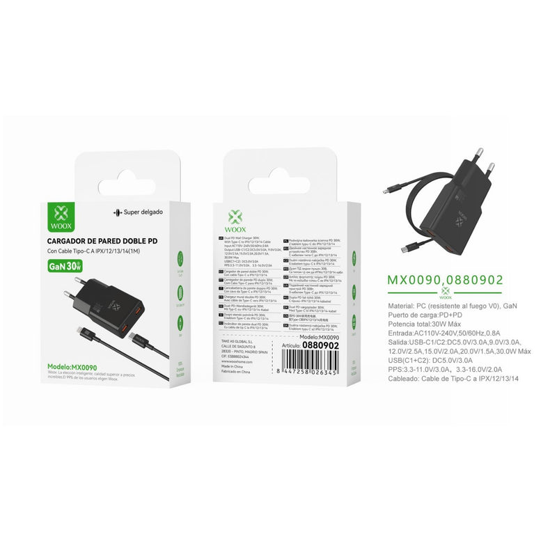 Cargador de pared GaN UE PD+PD de 30 W con cable C-Lightning (negro) - MX0090 NE