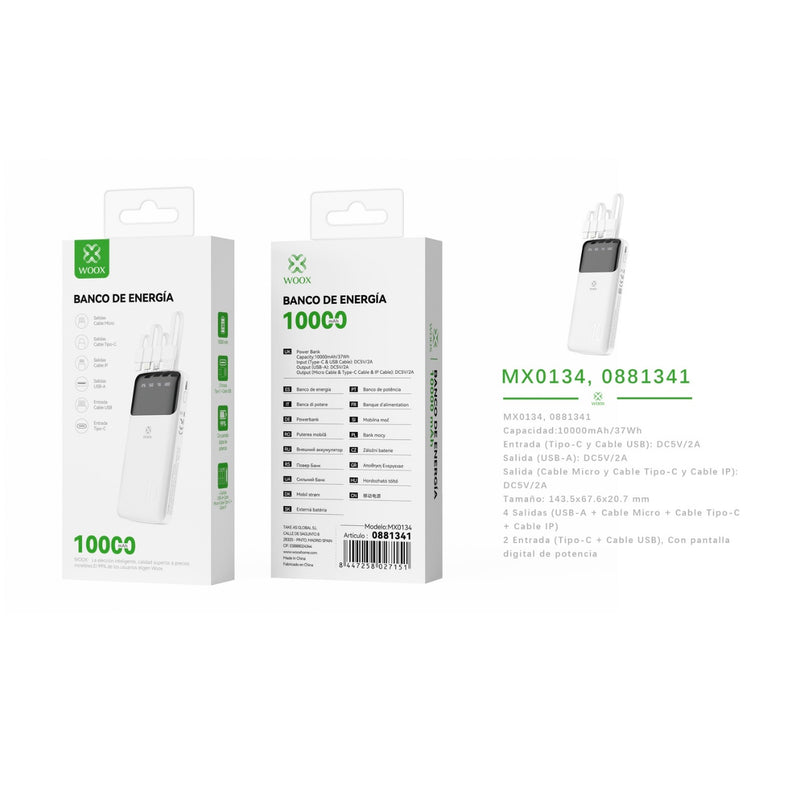 Banco de energia 10000 mAh 5 V 2 A con 4 cables ABS + PC (negro) - MX0134 BL