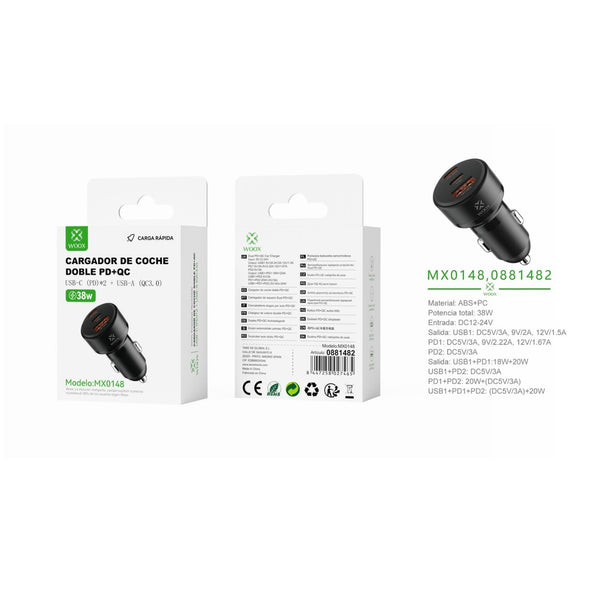 Cargador de coche PD*2+QC 38W sin cable -negro - MX0148 NE