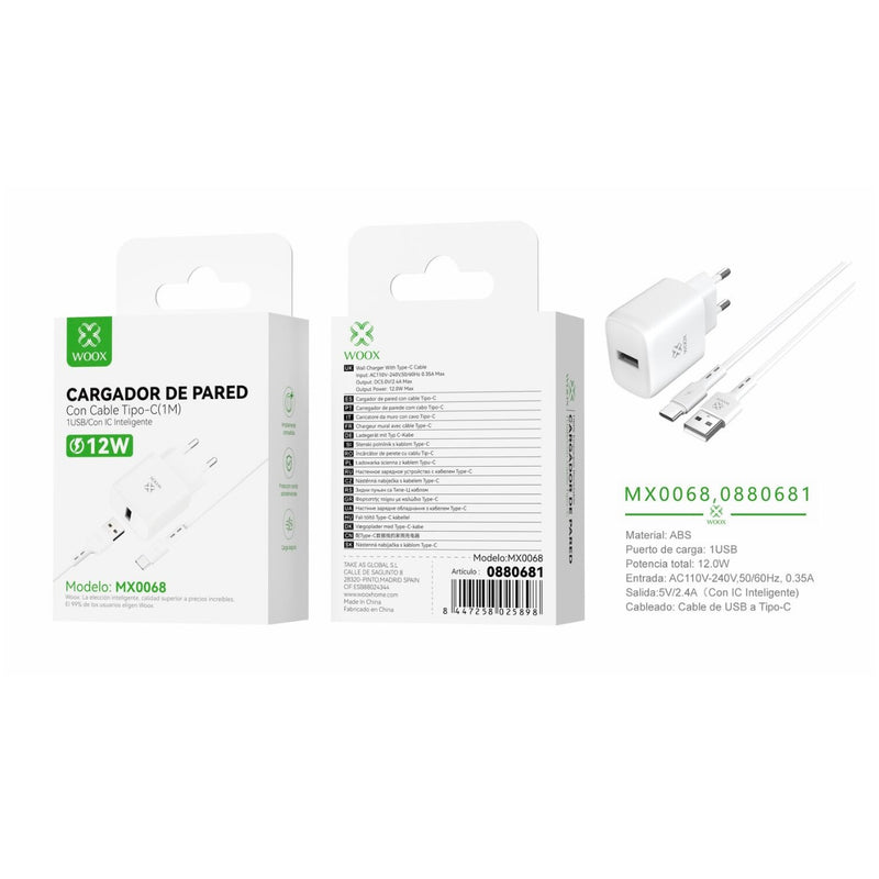 Cargador de pared USB ¨2nico UE 5 V/2,4 A con cable USB a tipo C (blanco) - MX0068 BL