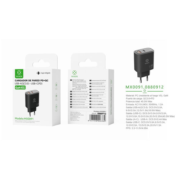 Cargador de pared UE QC+PD GaN 45 W sin cable negro - MX0091 NE