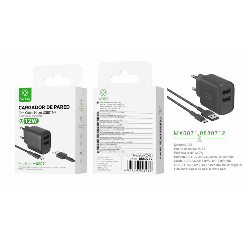 Cargador de pared doble USB UE 5 V/2,4 A con cable USB a micro (negro) - MX0071 NE