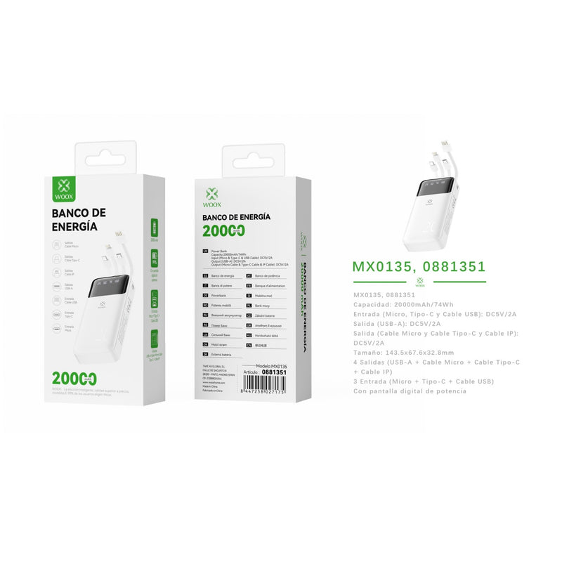 Banco de energia 20000 mAh 5 V 2 A con 4 cables ABS + PC - blanco - MX0135 BL