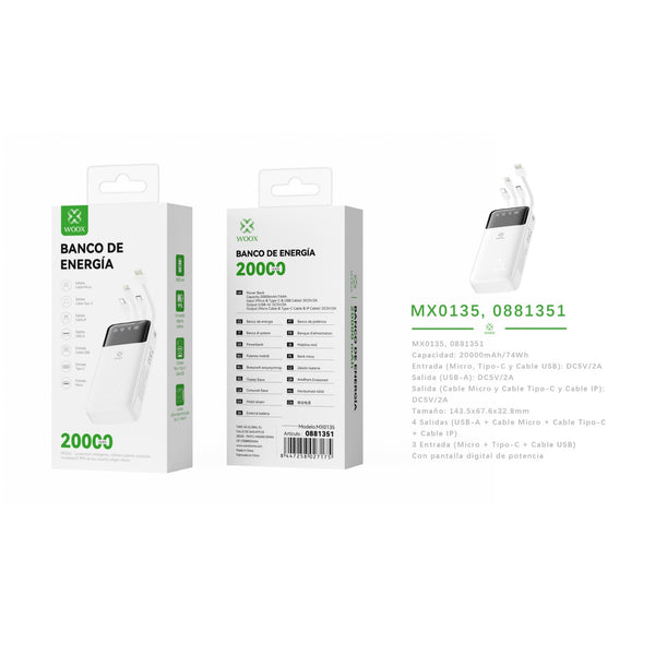 Banco de energia 20000 mAh 5 V 2 A con 4 cables ABS + PC - blanco - MX0135 BL