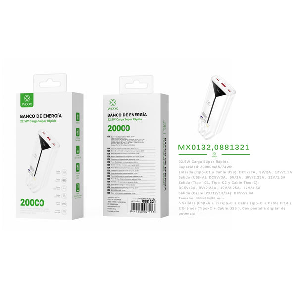 Banco de energia 20000 mAh 22,5 W con 3 cables ABS+PC-blanco - MX0132 BL