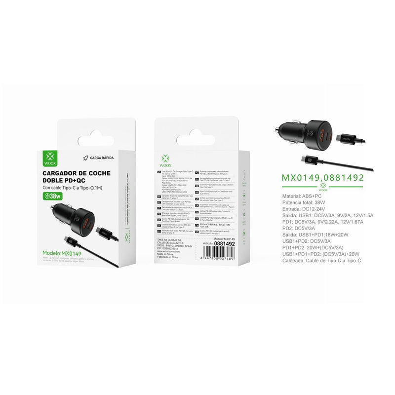 Cargador de coche PD*2+QC de 38W con cable C- C (negro) - MX0149 NE