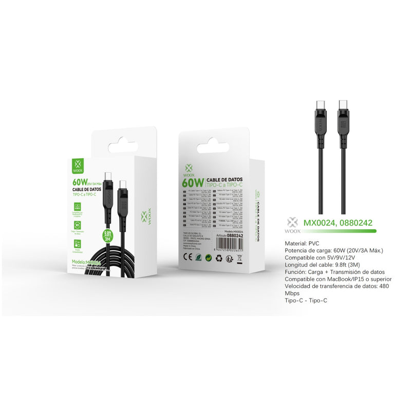 Cable de datos Tipo-C a Tipo-C 60W 3m - Negro - MX0024 NE