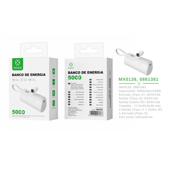 Banco de energia 5000 mAh 5 V 2 A con cable IP y adaptador tipo C ABS + PC (blanco) - MX0138 BL