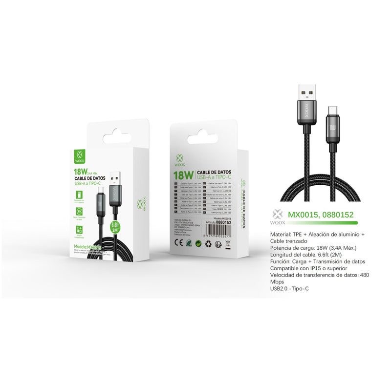 Cable de datos USB a tipo C 18W 2 m negro - MX0015 NE