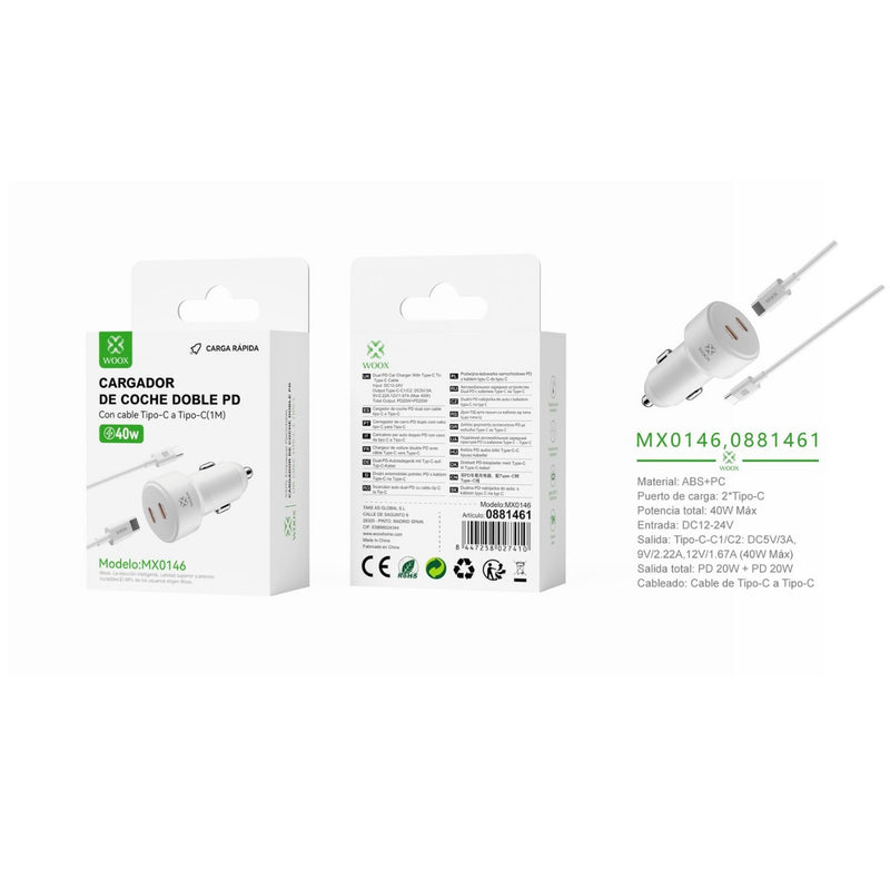Cargador de coche PD+PD de 40W con cable C-C (blanco) - MX0146 BL