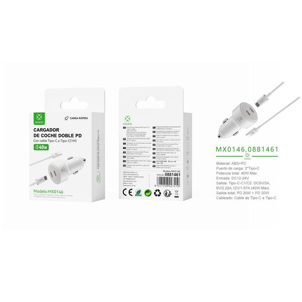 Cargador de coche PD+PD de 40W con cable C-C (blanco) - MX0146 BL