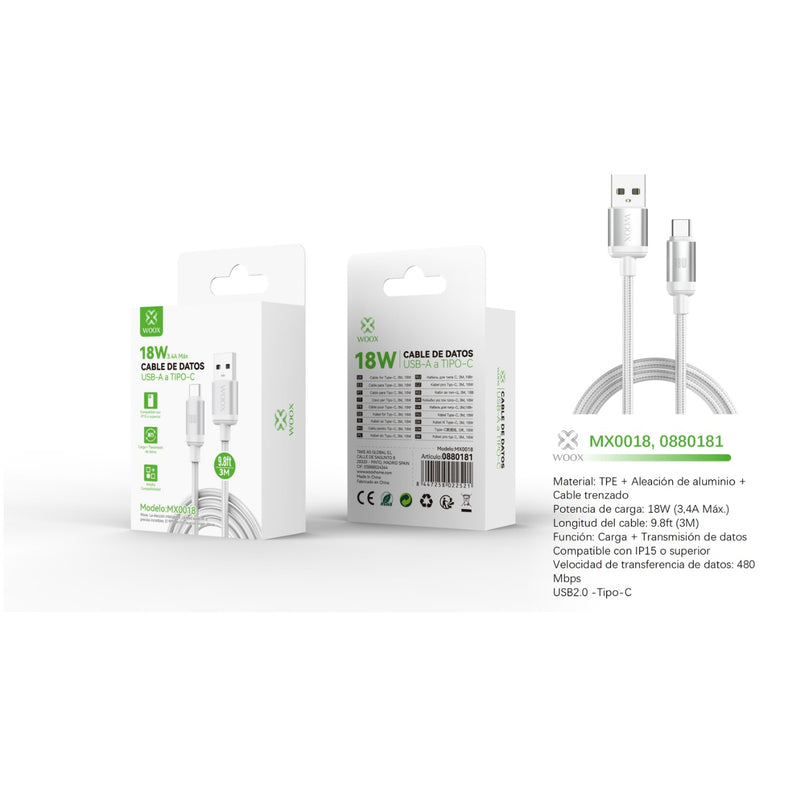 Cable de datos USB a tipo C 18 W 3 m blanco - MX0018 BL