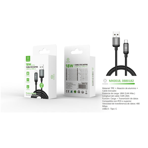 Cable de datos USB a tipo C 18 W 3 m negro - MX0018 NE