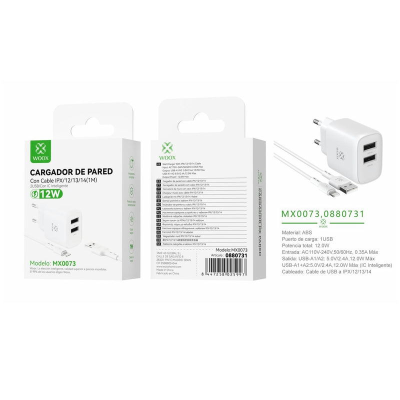 Cargador de pared doble USB UE 5 V/2,4 A con cable USB a Lightning (blanco) - MX0073 BL