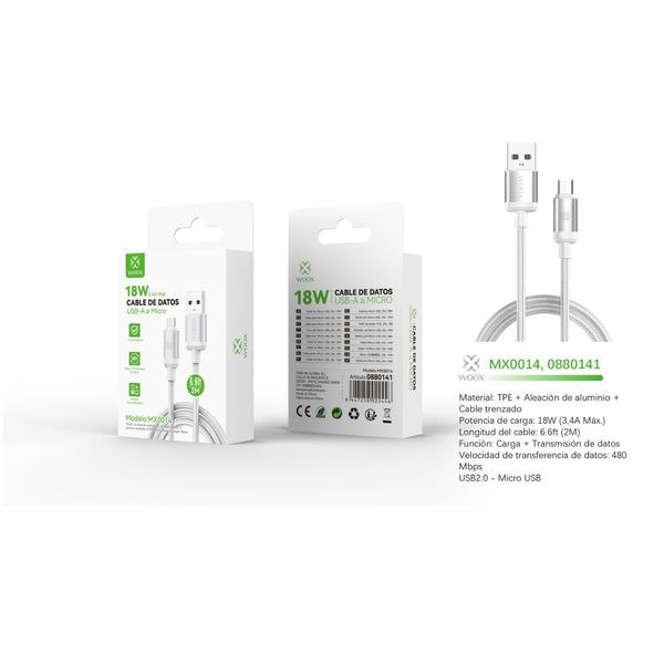 Cable de datos USB a Micro 18W 2m-blanco - MX0014 BL