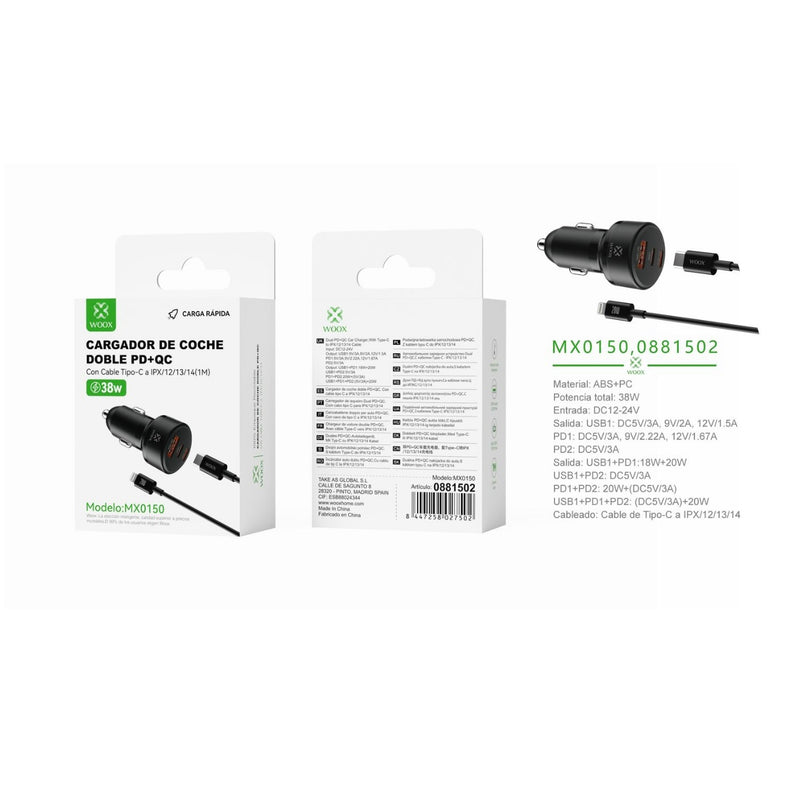 Cargador de coche PD*2+QC de 38W con cable C- Lightning (negro) - MX0150 NE